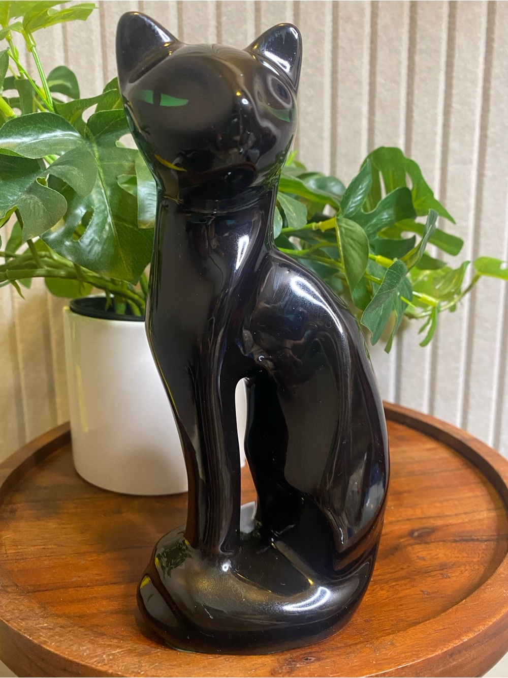 Mid Century Modern Black Cat Figurine Ceramic MCM Green Eyes Taiwan 8 Inch VTG